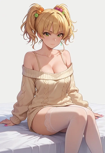 idolmaster,jougasaki_rika,cross-legged,off-shoulder,sweater,stockings  - AI generated anime art