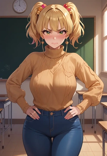 idolmaster,jougasaki_rika,teacher, sweater, jeans shorts  - AI generated anime art