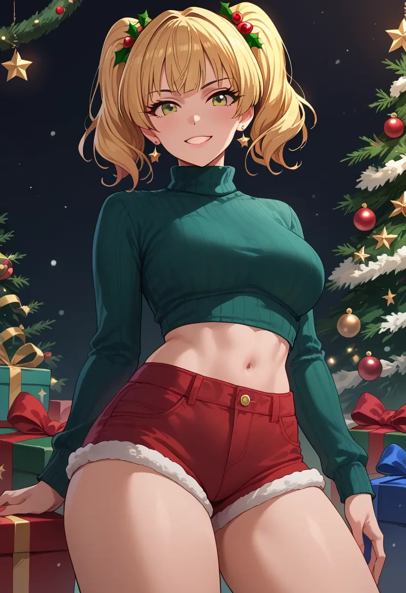 idolmaster,jougasaki_rika,Christmas,red velvet shorts,turtleneck sweater  - 