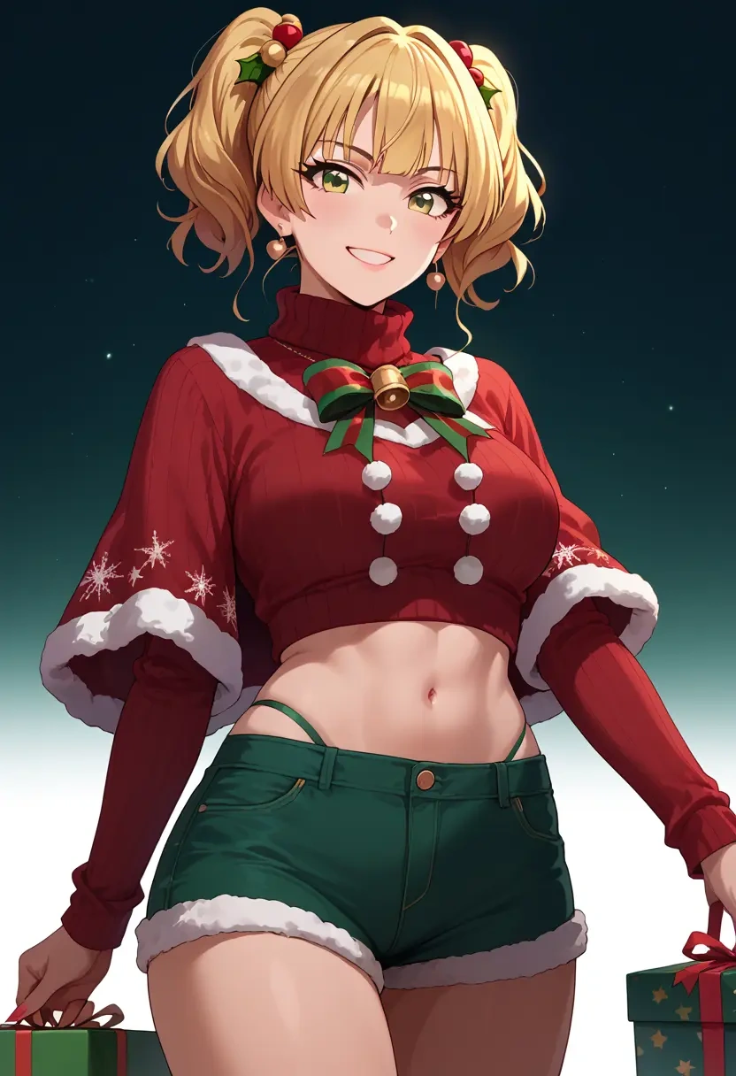 idolmaster,jougasaki_rika,Christmas,red velvet shorts,turtleneck sweater  - 