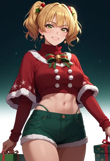 idolmaster,jougasaki_rika,Christmas,red velvet shorts,turtleneck sweater  - AI generated anime art