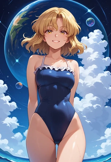 touhou,joutouguu_mayumi,retro style swimsuit,frilled neckline,bow detail  - AI generated anime art