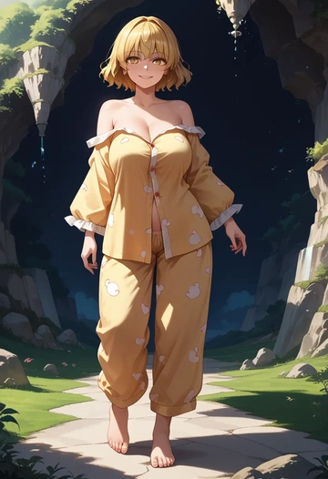 touhou,joutouguu_mayumi,pajamas, low-waisted shorts  - AI generated anime art