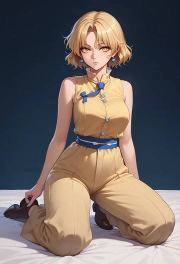 touhou,joutouguu_mayumi,jumpsuit,sleeveless,flare pants  - AI generated anime art