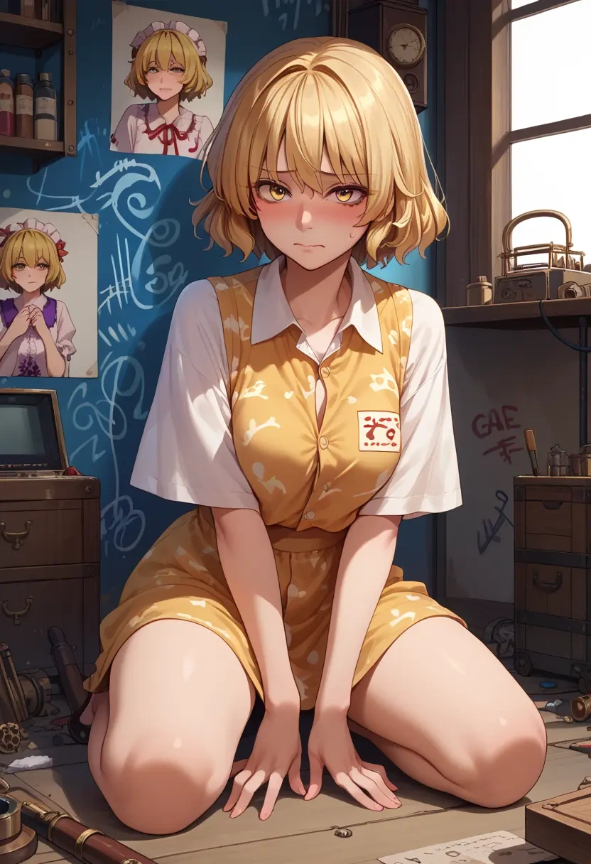 touhou,joutouguu_mayumi,oversized graffiti shirt,dolphin shorts  - 