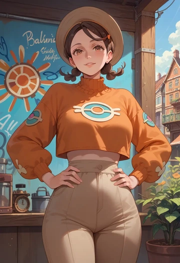 pokemon,juliana_(pokemon),cropped graffiti sweatshirt,dolphin shorts  - AI generated anime art