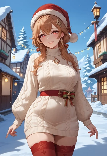 genshin_impact,jumpy_dumpty,Christmas,sweater dress,stockings  - AI generated anime art