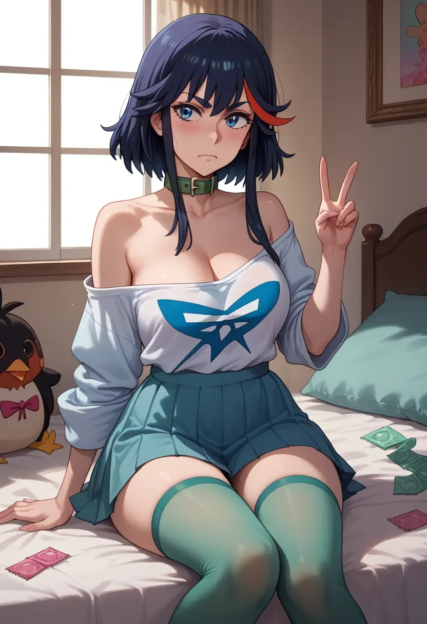 kill_la_kill,junketsu,blushing,collar, peace sign, condom,mini skirt,Thigh garters  - 