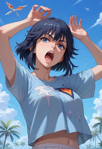 kill_la_kill,junketsu,handwritten script shirt,dolphin shorts  - AI generated anime art