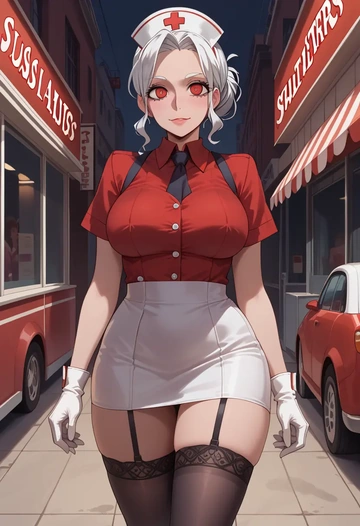 helltaker,justice_(helltaker),nurse pantyhose,mini skirt, sexy  - AI generated anime art