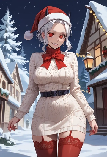 helltaker,justice_(helltaker),Christmas,sweater dress,stockings  - AI generated anime art