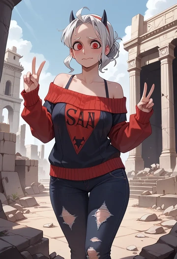 helltaker,justice_(helltaker),sweater,off-shoulder,ripped jeans  - AI generated anime art