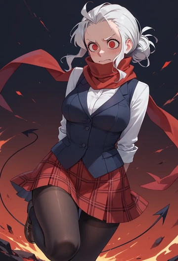 helltaker,justice_(helltaker),winter,student uniform,vest  - AI generated anime art