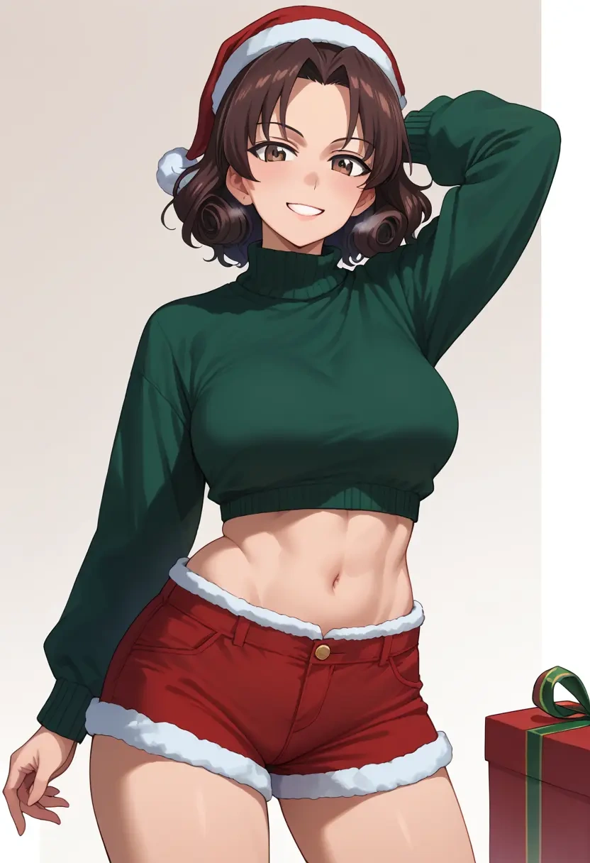 girls_und_panzer,kadotani_anzu,Christmas,red velvet shorts,turtleneck sweater  - 