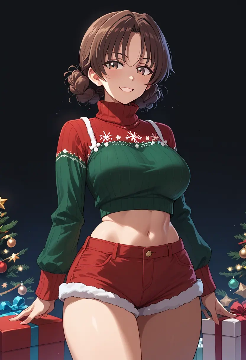 girls_und_panzer,kadotani_anzu,Christmas,red velvet shorts,turtleneck sweater  - 