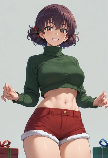 girls_und_panzer,kadotani_anzu,Christmas,red velvet shorts,turtleneck sweater  - AI generated anime art