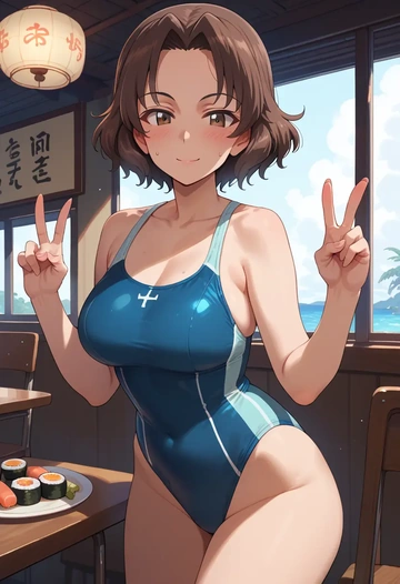 girls_und_panzer,kadotani_anzu,racerback swimsuit,striped trim,name tag patch  - AI generated anime art