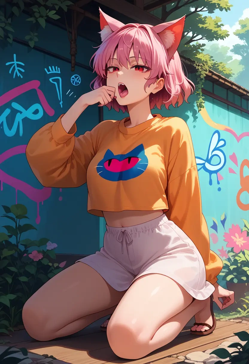 touhou,kaenbyou_rin_(cat),cropped graffiti sweatshirt,dolphin shorts  - 