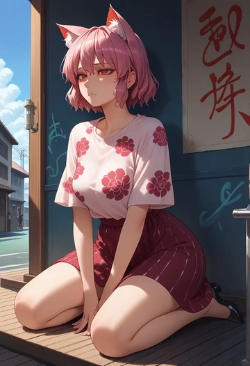 touhou,kaenbyou_rin_(cat),silk graffiti shirt,dolphin shorts  - AI generated anime art