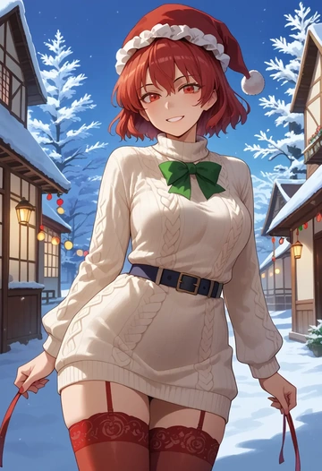 touhou,kaenbyou_rin,Christmas,sweater dress,stockings  - AI generated anime art