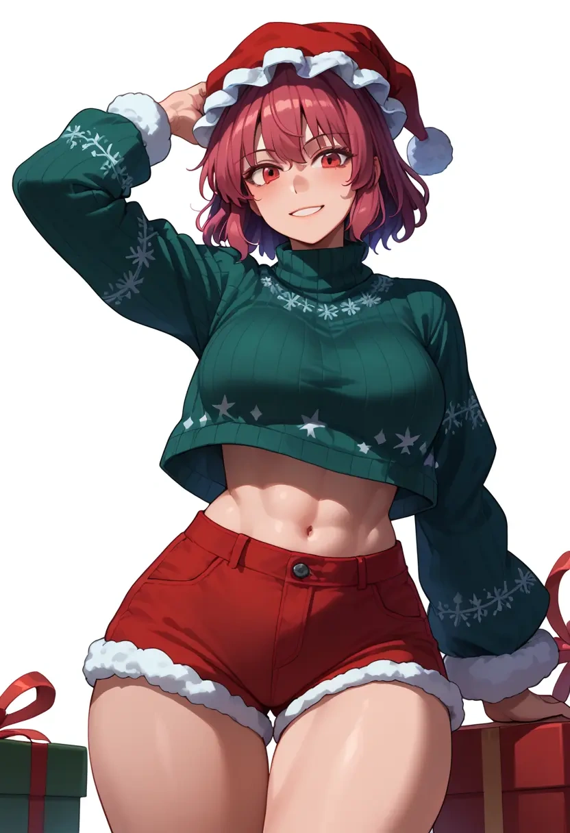 touhou,kaenbyou_rin,Christmas,red velvet shorts,turtleneck sweater  - 