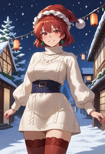 touhou,kaenbyou_rin,Christmas,sweater dress,stockings  - AI generated anime art