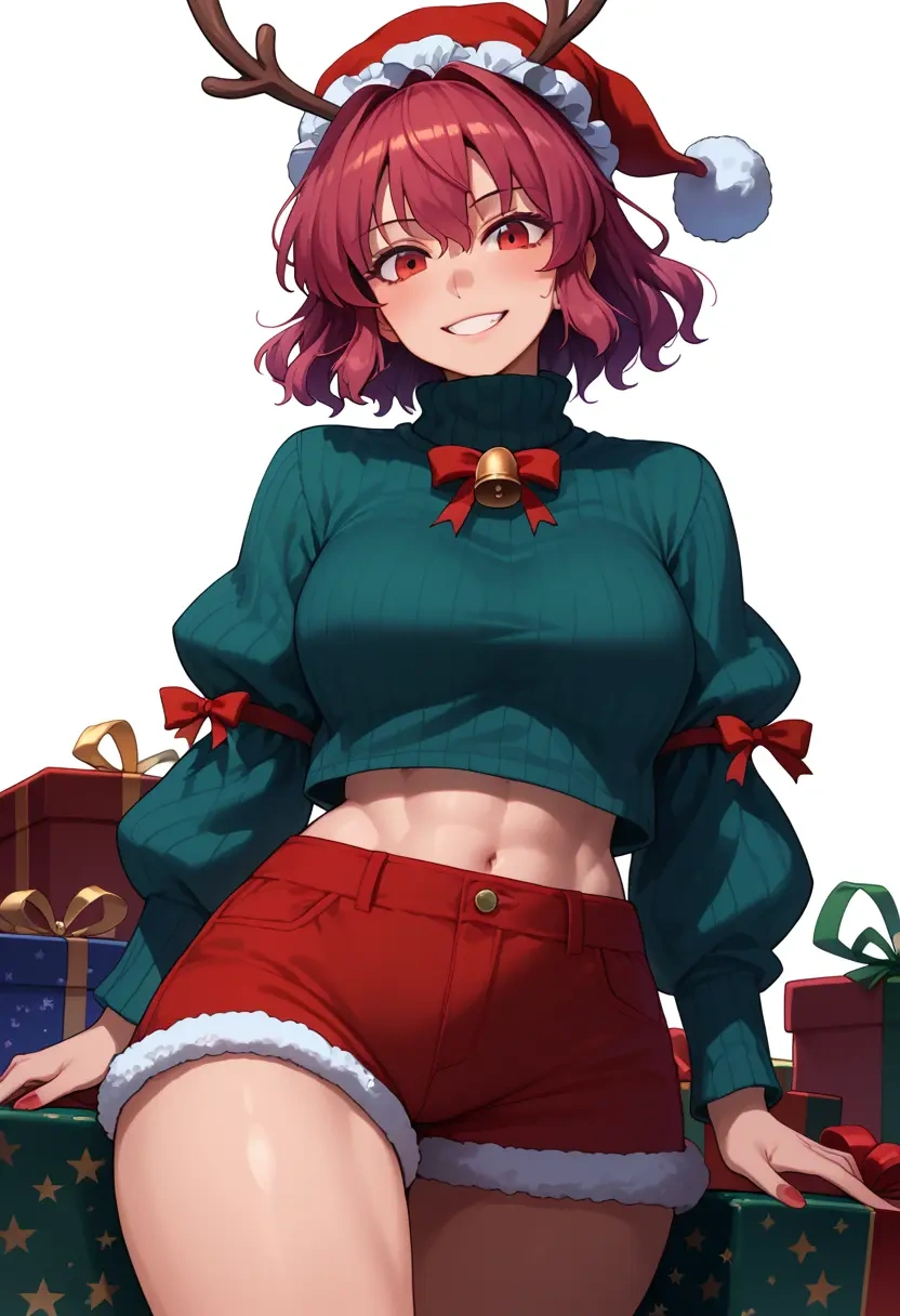 touhou,kaenbyou_rin,Christmas,red velvet shorts,turtleneck sweater  - 