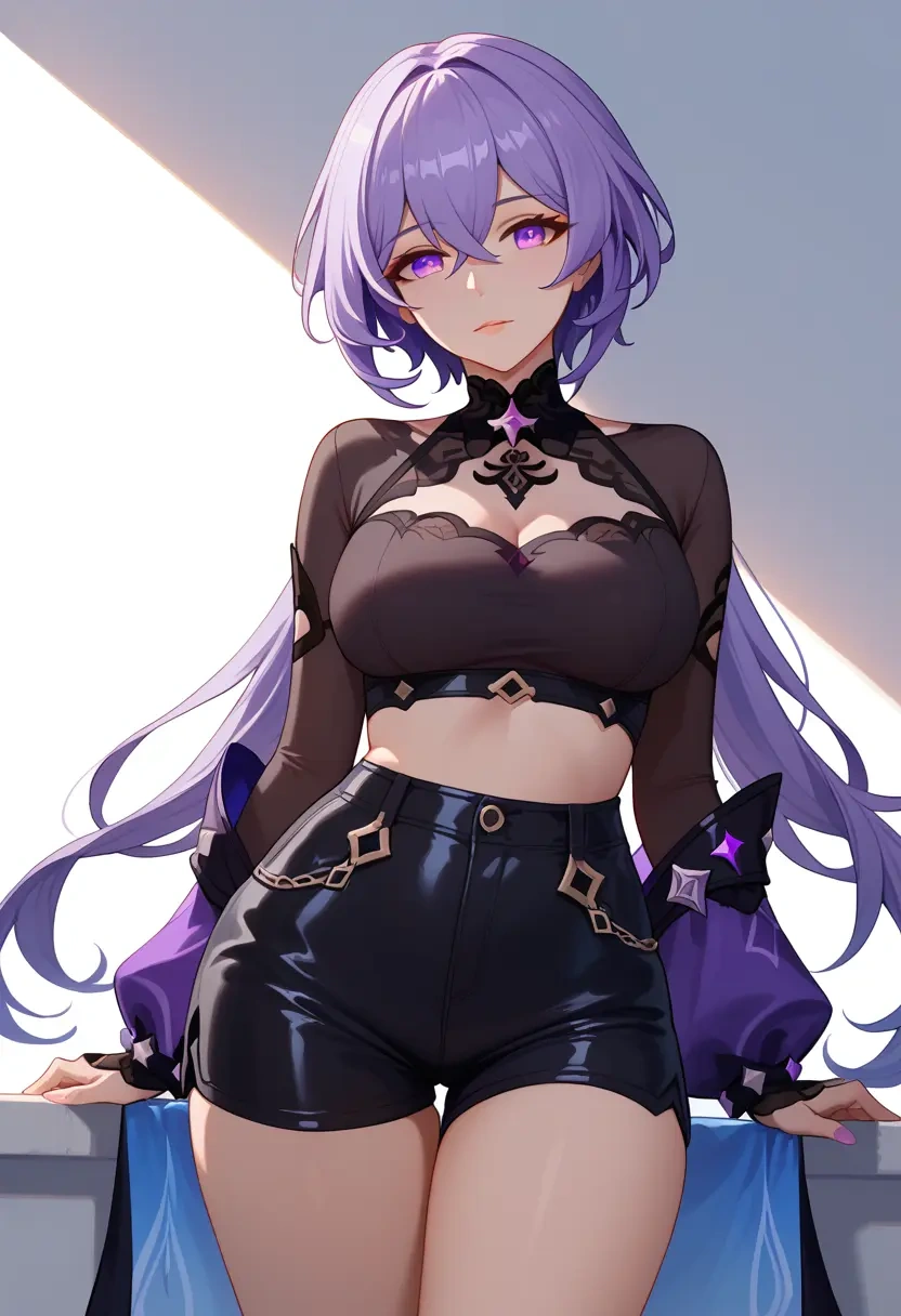 honkai_(series),kafka_(honkai:_star_rail),leather,shorts,crop top  - 