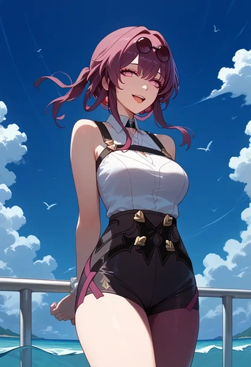 star rail,kafka,sleeveless swim top,shorts-style bottom,contrast stitching  - AI generated anime art