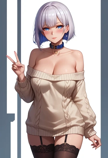 azur_lane,kaga_(azur_lane),blushing,collar,off-shoulder,sweater,stockings  - AI generated anime art