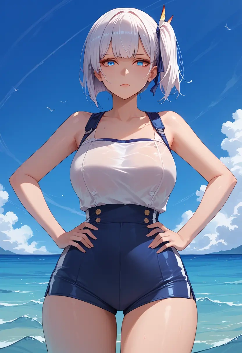 azur_lane,kaga_(azur_lane),sleeveless swim top,shorts-style bottom,contrast stitching  - 