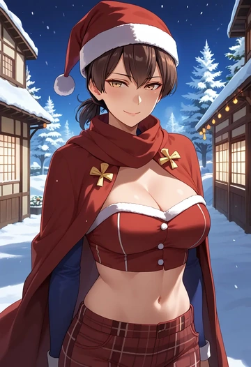 kantai_collection,kaga_(kancolle),Christmas,plaid trousers  - AI generated anime art