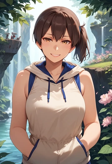 kantai_collection,kaga_(kancolle),sleeveless hoodie,biker shorts  - AI generated anime art