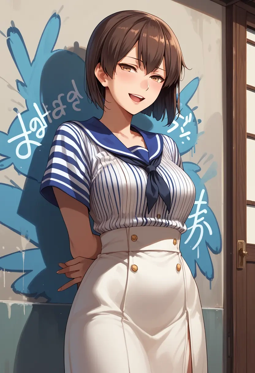 kantai_collection,kaga_(kancolle),striped graffiti blouse,dolphin shorts  - 