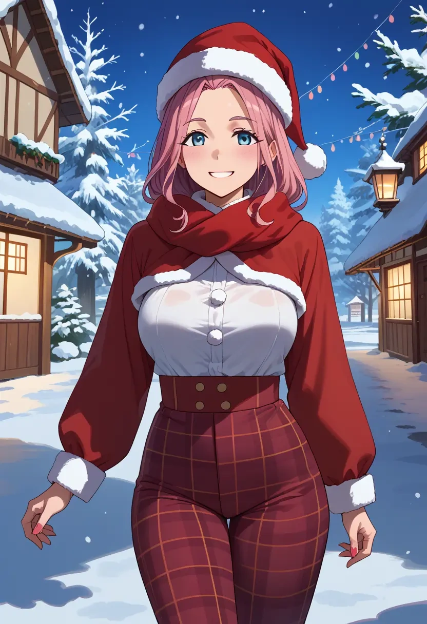 yurucamp,kagamihara_nadeshiko,Christmas,plaid trousers  - 