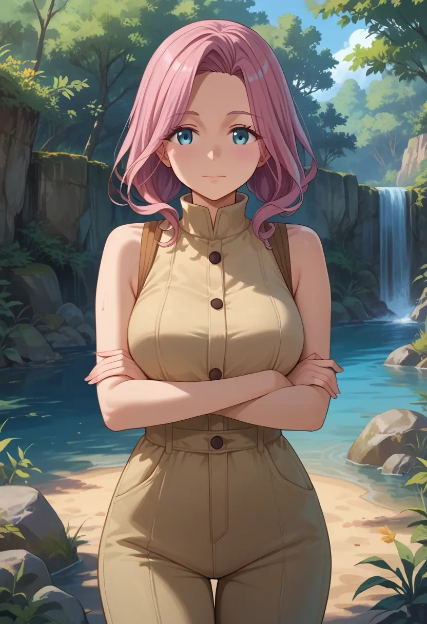 yurucamp,kagamihara_nadeshiko,jumpsuit,sleeveless,flare pants  - 