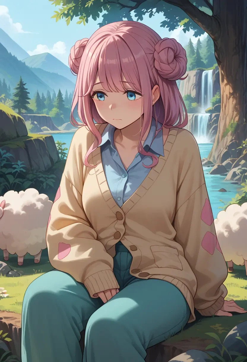 yurucamp,kagamihara_nadeshiko,cardigan,oversized,wide-leg pants  - 