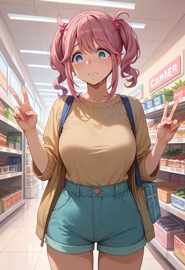 yurucamp,kagamihara_nadeshiko,jogger shorts,oversized tank  - AI generated anime art