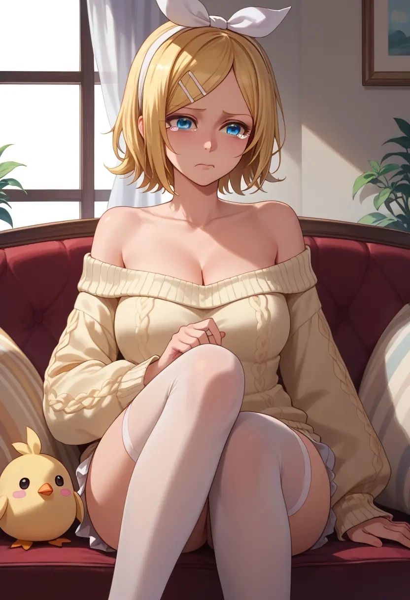 vocaloid,kagamine_rin,Pouting ,Teary-eyed,off-shoulder,sweater  - 