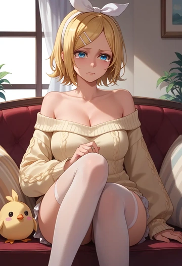 vocaloid,kagamine_rin,Pouting ,Teary-eyed,off-shoulder,sweater  - AI generated anime art