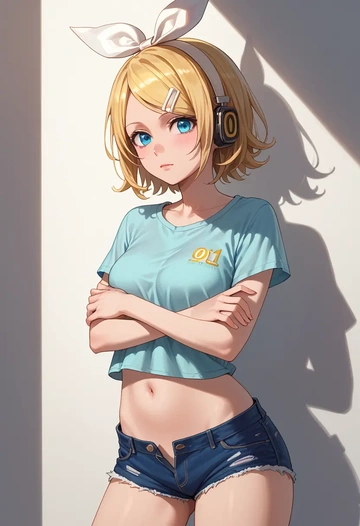 vocaloid,kagamine_rin,denim shorts  - AI generated anime art