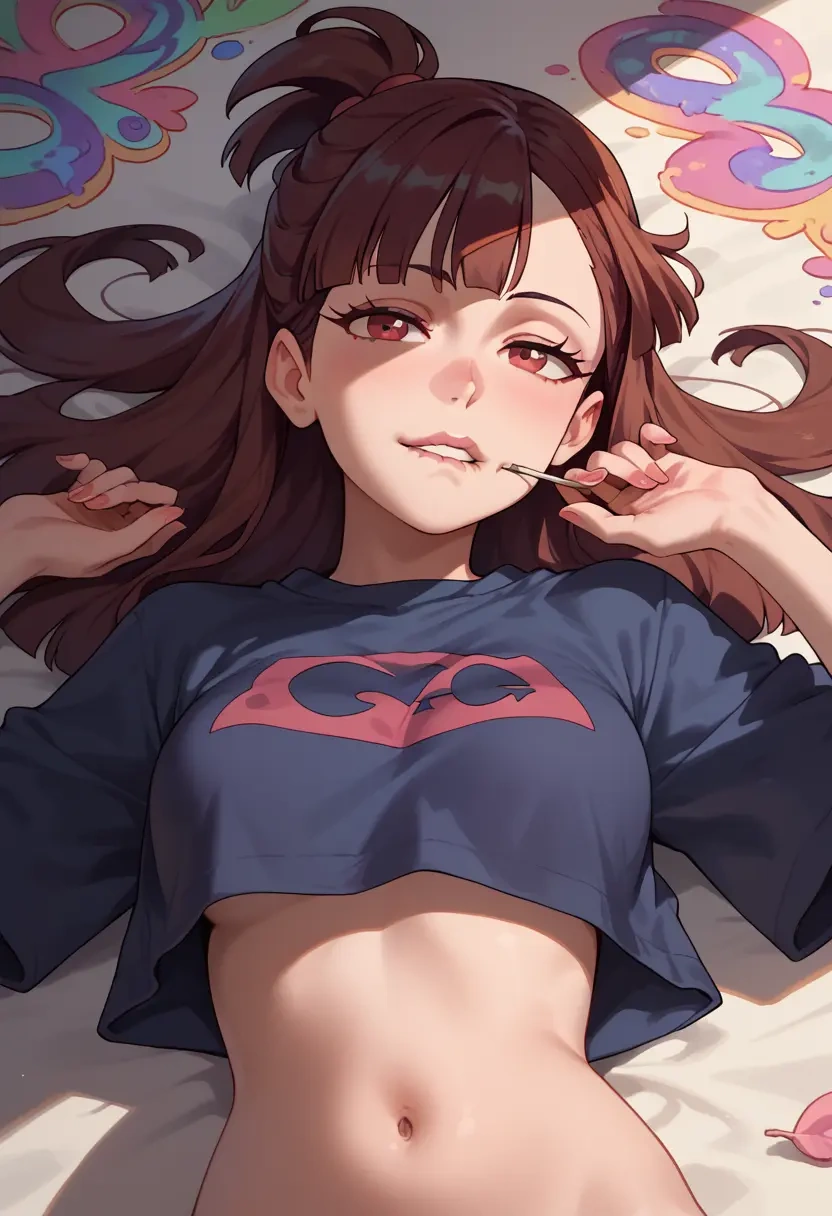 little_witch_academia,kagari_atsuko,cropped graffiti sweatshirt,dolphin shorts  - 