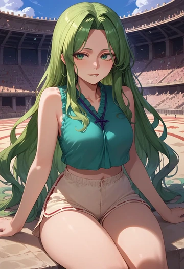 touhou,kagiyama_hina,sleeveless swim top,shorts-style bottom,contrast stitching  - AI generated anime art