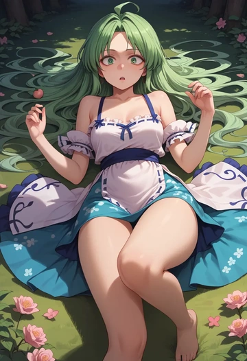 touhou,kagiyama_hina,silk slip dress,floral prints  - AI generated anime art