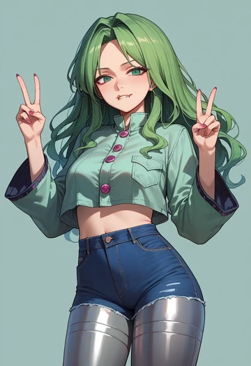 touhou,kagiyama_hina,denim jacket,cropped,leather leggings  - AI generated anime art