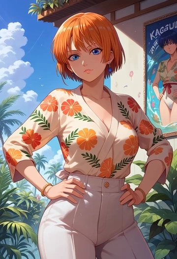 gintama,kagura_(gintama),silk graffiti shirt,dolphin shorts  - AI generated anime art