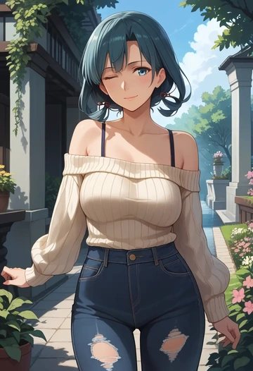 kantai_collection,kako_(kancolle),sweater,off-shoulder,ripped jeans  - AI generated anime art