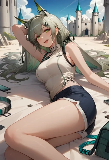 arknights,kal'tsit_(arknights),sleeveless swim top,shorts-style bottom,contrast stitching  - AI generated anime art