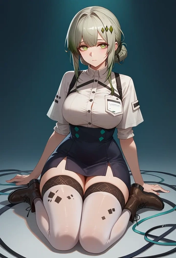 arknights,kal'tsit_(arknights),shirt dress,belted,stockings  - AI generated anime art