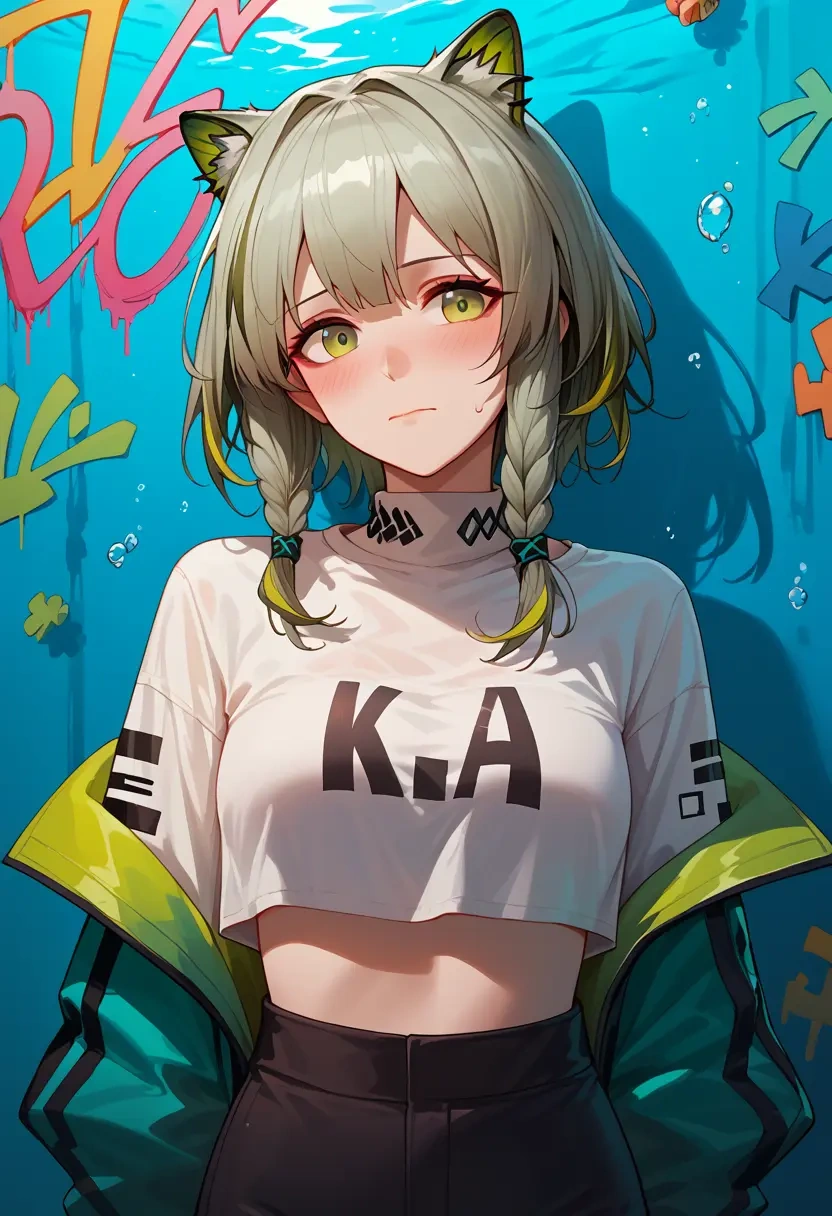 arknights,kal'tsit_(arknights),cropped graffiti sweatshirt,dolphin shorts  - 